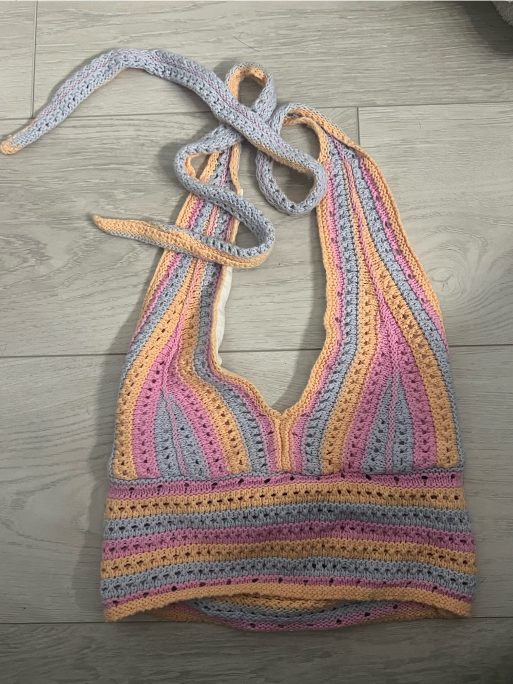 Hollister Crocheted Tie-Top Bag in Pastel Pink, Yellow & Light Blue